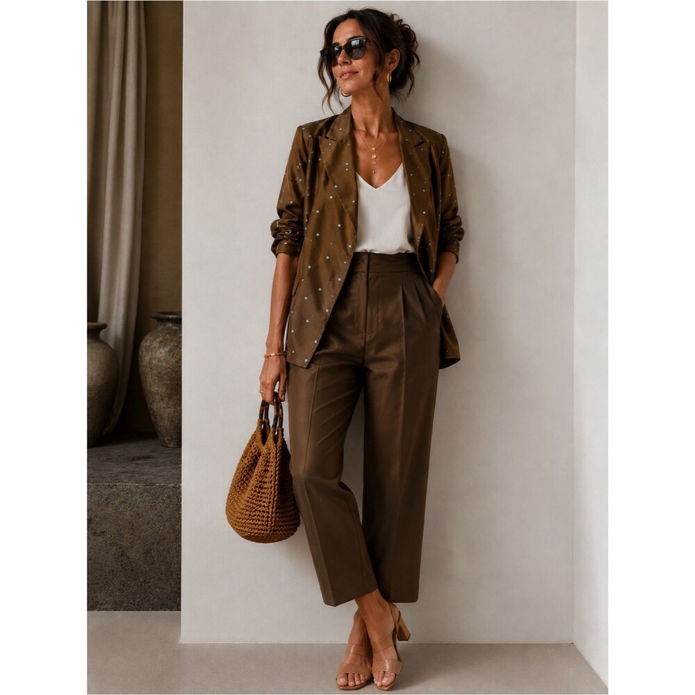 Vintage Lisbeth Brown Embellished Blazer Pants Suit Set Size 10